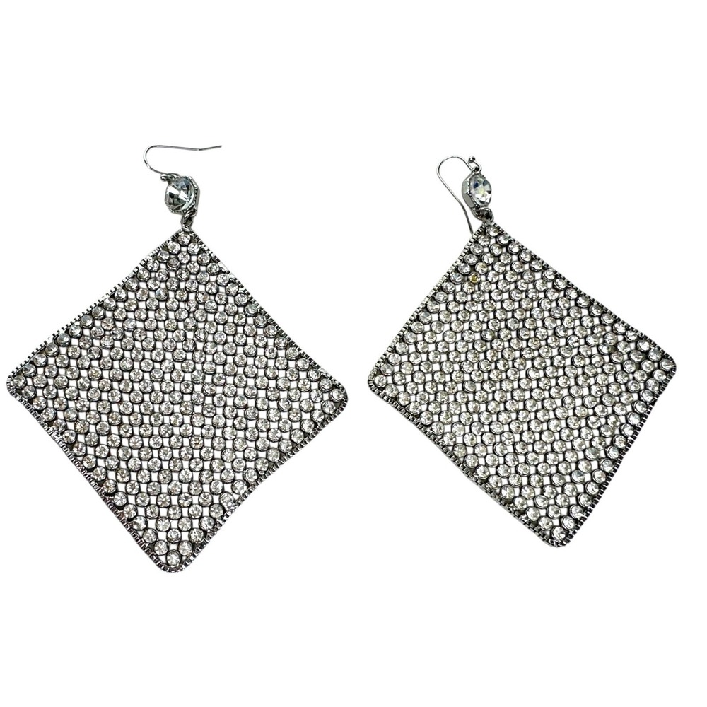 Clear Rhinestone Dangle Earrings 2 1/4" Square